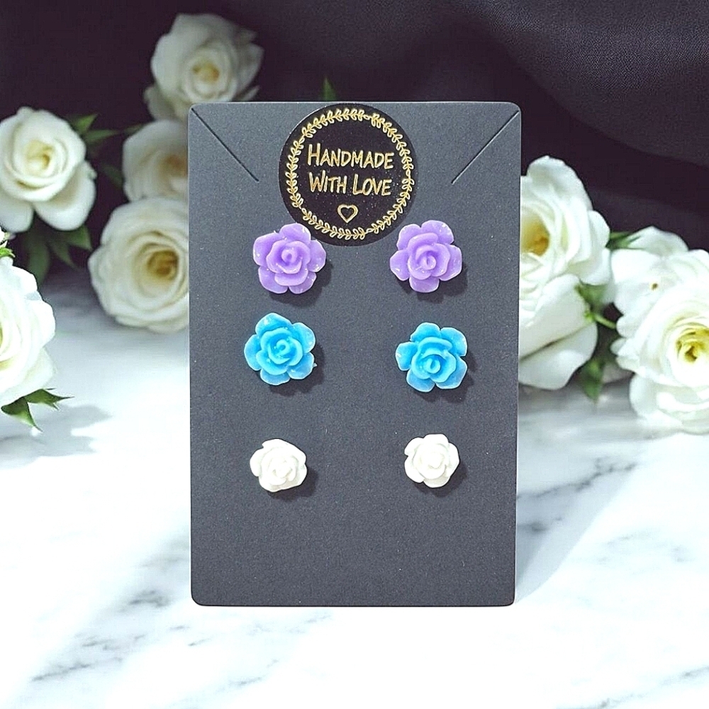 Handcrafted Mini Blue Purple And White Rose Acrylic Earrings Trio